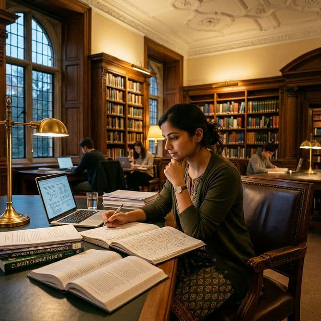 Postgraduate scholar reviewing research notes in a university library setting