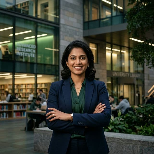 Senior PhD scholar at a desk with academic journals and a laptop